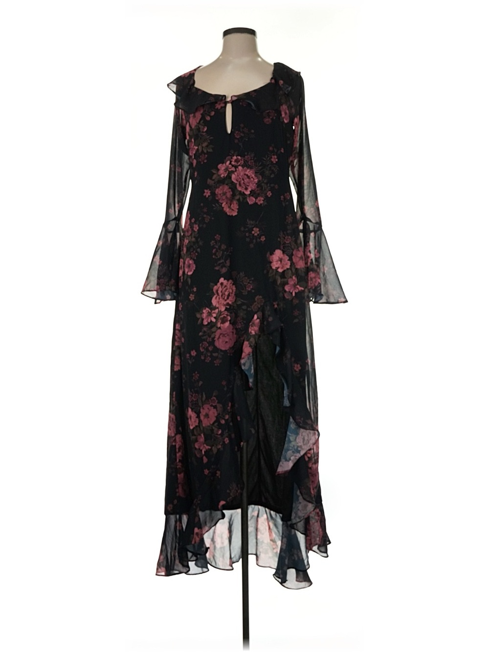 Vici Black Maxi Dress with Pink Floral Print and Ruffle Details